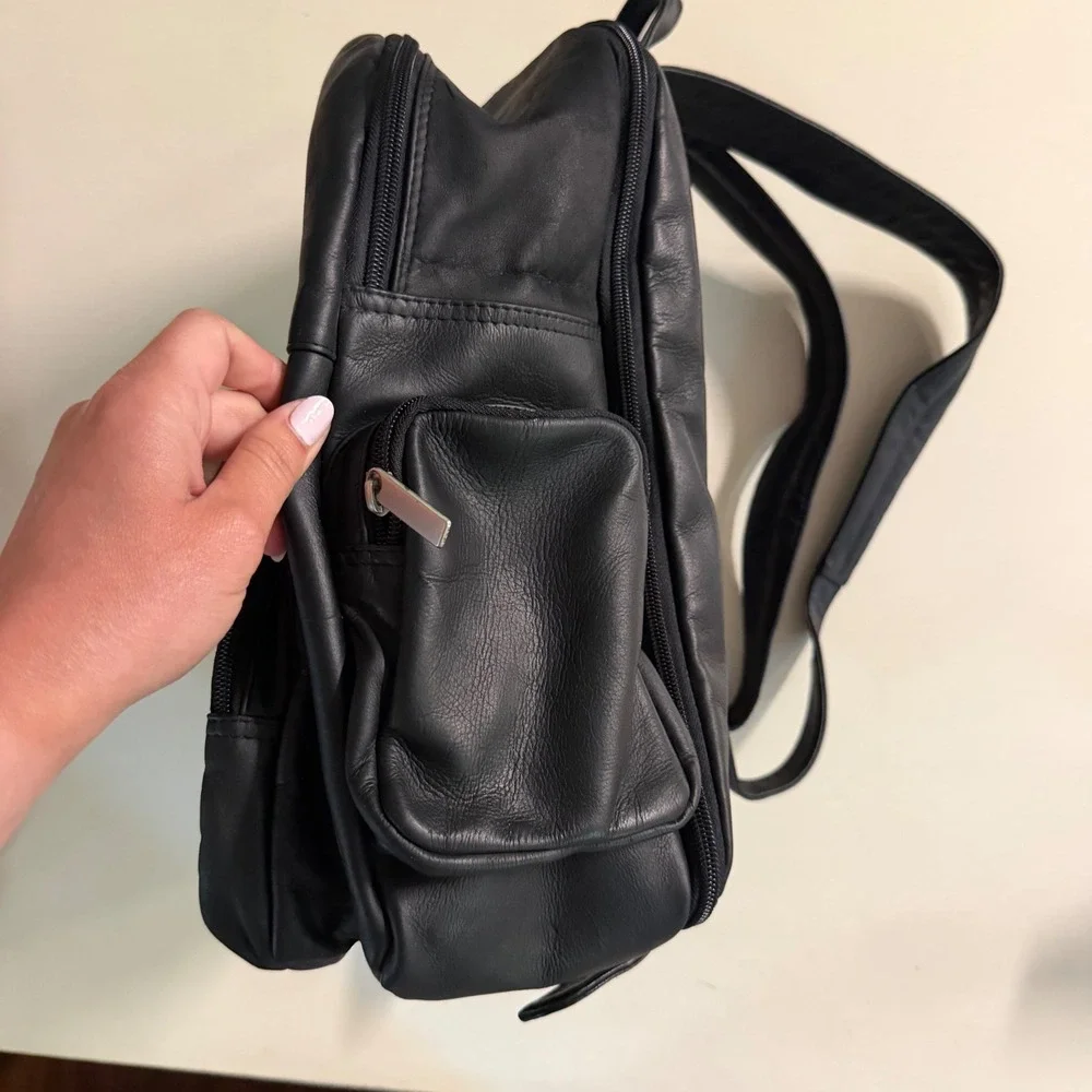 Vintage Genuine Leather Black Backpack Made in Colombia Multi Pocket Travel Bag